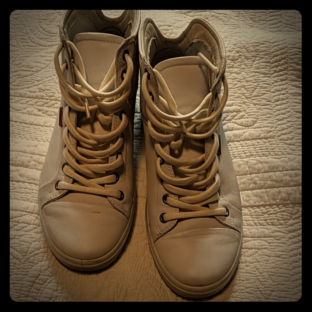 White leather high top sneakers